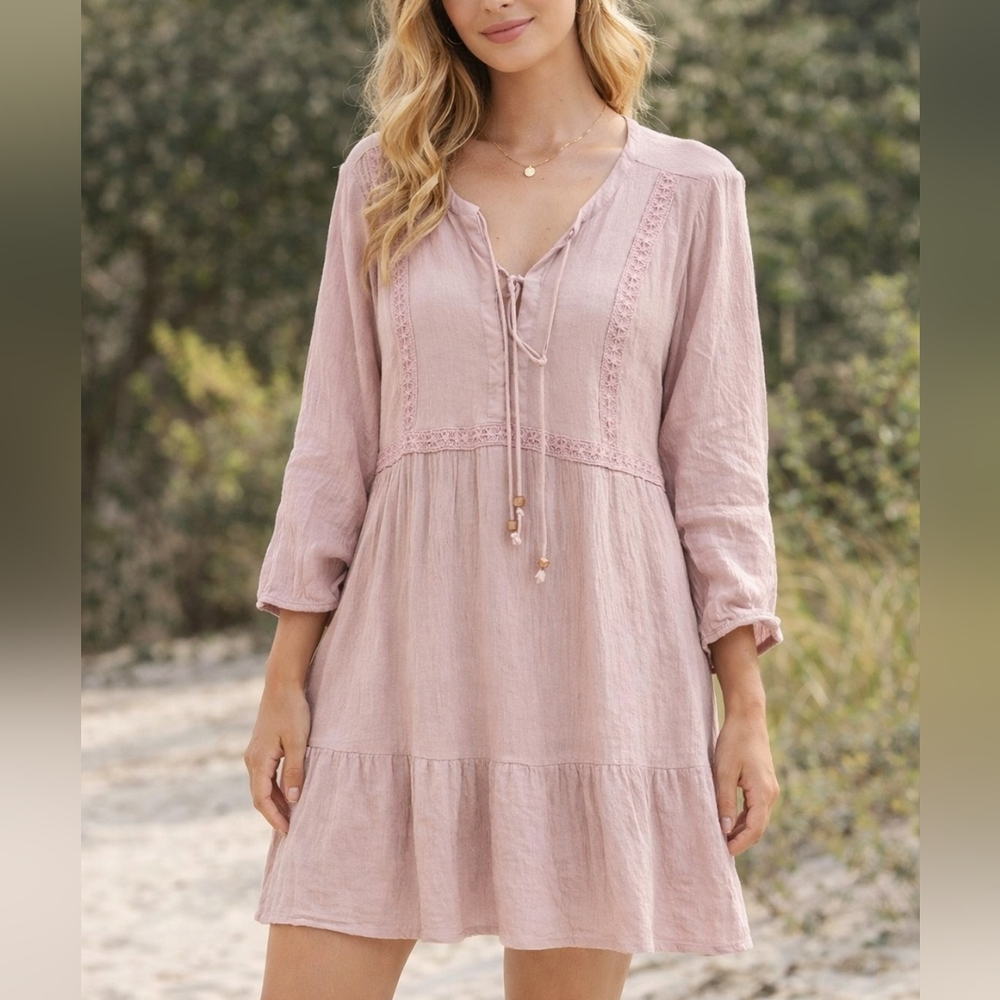 Frye Lavender Boho Peasant Dress XL A-Line Tiered Lace-Trim Tunic
